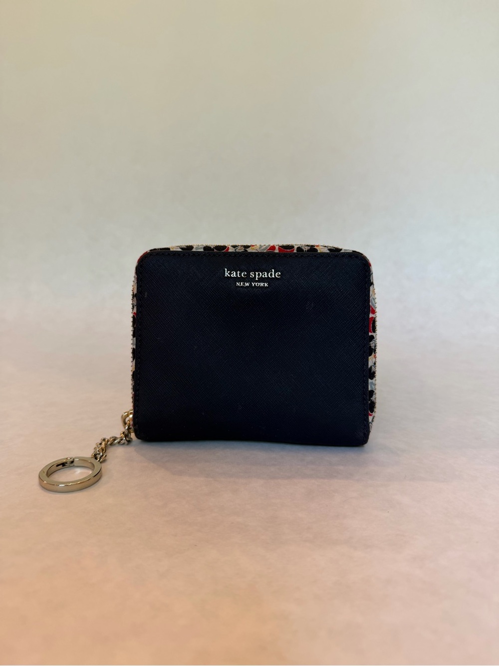 Kate Spade Navy Floral-Trim Zip Card Case with Key Ring